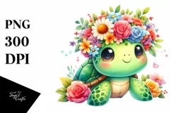 Watercolor Cartoon Turtle with Flower Crown | Clipart Product Image 1