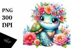 Watercolor Cartoon Turtle with Flower Crown | Clipart Product Image 3