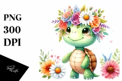 Watercolor Cartoon Turtle with Flower Crown | Clipart Product Image 1