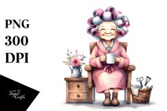 Old Lady Sitting in Chair with Hair Curlers Product Image 1
