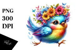 Happy Bird with Floral Wreath, PNG Product Image 1