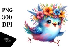 Happy Cute Baby Bird with Floral Wreath PNG Product Image 1