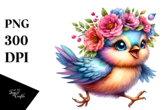 Happy Cute Baby Bird with Floral Wreath PNG Product Image 1