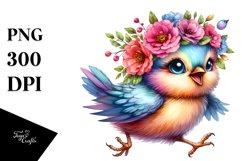 Happy Cute Baby Bird with Floral Wreath PNG Product Image 3