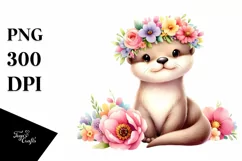 Cartoon Style Pastel Otter with Flower Crown | Clipart Product Image 1