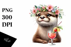 Watercolor Otter Flower Wreath Clipart Product Image 1