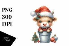 Watercolor Whimsical Highland Cow in Bucket with Santa Hat Product Image 1