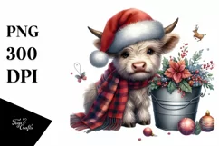 Watercolor Whimsical Highland Cow in Bucket with Santa Hat Product Image 1