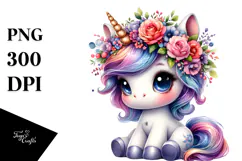 Cute Unicorn Sitting with Floral Wreath PNG Product Image 1