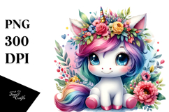 Cute Unicorn Sitting with Floral Wreath PNG Product Image 1