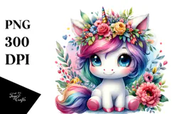 Cute Unicorn Sitting with Floral Wreath PNG Product Image 1