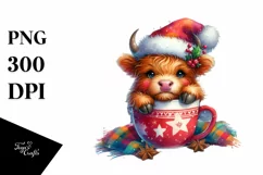 Watercolor Whimsical Colorful Highland Cow in Cup PNG Product Image 1