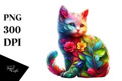 Abstract Vibrant Watercolor Kitten with Flowers and Leaves Product Image 3