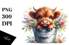 Cute Baby Highland Cow in Bucket with Flowers PNG Product Image 1