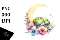 Cute Baby Frog on Moon with Flowers | Sublimation | Clipart Product Image 1