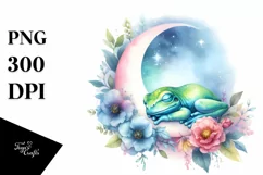 Cute Baby Frog on Moon with Flowers | Sublimation | Clipart Product Image 1