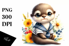 Cute Otter with Sailor and Yellow Flowers | Clipart Product Image 3
