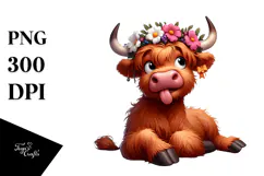 Highland Cow with Flower Crown, Soft PNG Product Image 1