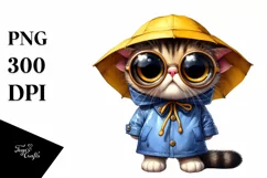 Expressive Cat in Raincoat | Watercolor Clipart Product Image 1
