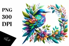 Abstract Vibrant Watercolor Bird with Flowers JPEG Product Image 3