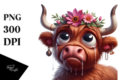Goofy Highland Cow with Flower Crown, Soft PNG Product Image 1
