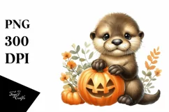 Cute Baby Otter Holding Halloween Pumpkin PNG Product Image 1