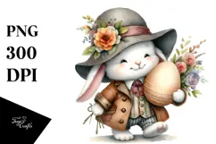 Watercolor Happy Bunny with Flower Hat PNG Product Image 1