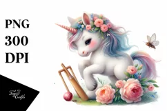 Cute Baby Unicorn Playing Cricket | Clipart Product Image 1