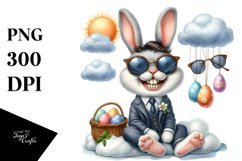 Goofy Bunny Sitting on Cloud with Eggs Watercolor PNG Product Image 1