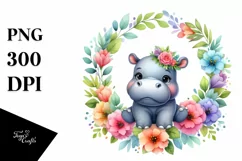 Baby Hippo Floral Watercolor Clipart Product Image 3