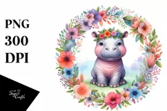 Colorful Baby Hippo Floral Frame | Clipart Product Image 1