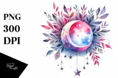 Vibrant Wimsical Moon with Foliage | Watercolor Clipart Product Image 1