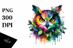 Abstract Vibrant Watercolor Owl with Leaves and Splashes Product Image 3