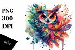 Abstract Vibrant Watercolor Owl with Leaves and Splashes Product Image 1