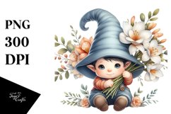 Watercolor Cute Baby Gnome with Freesia Frame PNG Product Image 1