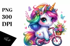 Baby Unicorn with Bicycle Watercolor PNG Product Image 1