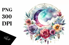 Vibrant Boho Moon with Flowers | Watercolor Clipart Product Image 3