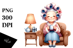 Old Lady Character on Sofa with Mug | Sublimation | Clipart Product Image 1