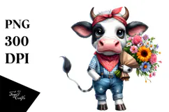 Watercolor Cow with Bandana and Flower Bouquet | Clipart Product Image 1
