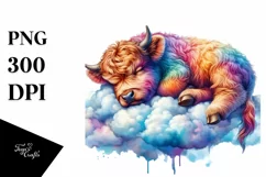Baby Highland Cow Napping on Cloud PNG Product Image 3