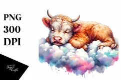 Baby Highland Cow Napping on Cloud PNG Product Image 3