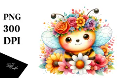 Cartoon Bee with Flower Crown, Happy PNG Product Image 1