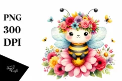 Cute Baby Bee Sitting with Flower Crown PNG Product Image 1