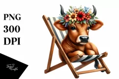 Brown Cow with Flowers on Beach Chair | Sublimation Clipart Product Image 1