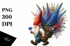 Detailed Gnome with Lobelia Bouquet | Clipart Product Image 1
