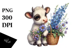 Cute Baby Cow Holding Flower Basket | Sublimation | Clipart Product Image 1