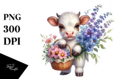Cute Baby Cow Holding Flower Basket | Sublimation | Clipart Product Image 1