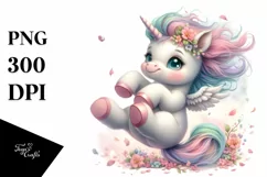 Cute Baby Unicorn Tumbling Spring Petals | Clipart Product Image 1