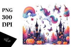 Vibrant Unicorn Halloween Scenery Watercolor | Sublimation Product Image 1