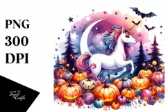 Vibrant Unicorn Halloween Scenery Watercolor | Sublimation Product Image 1